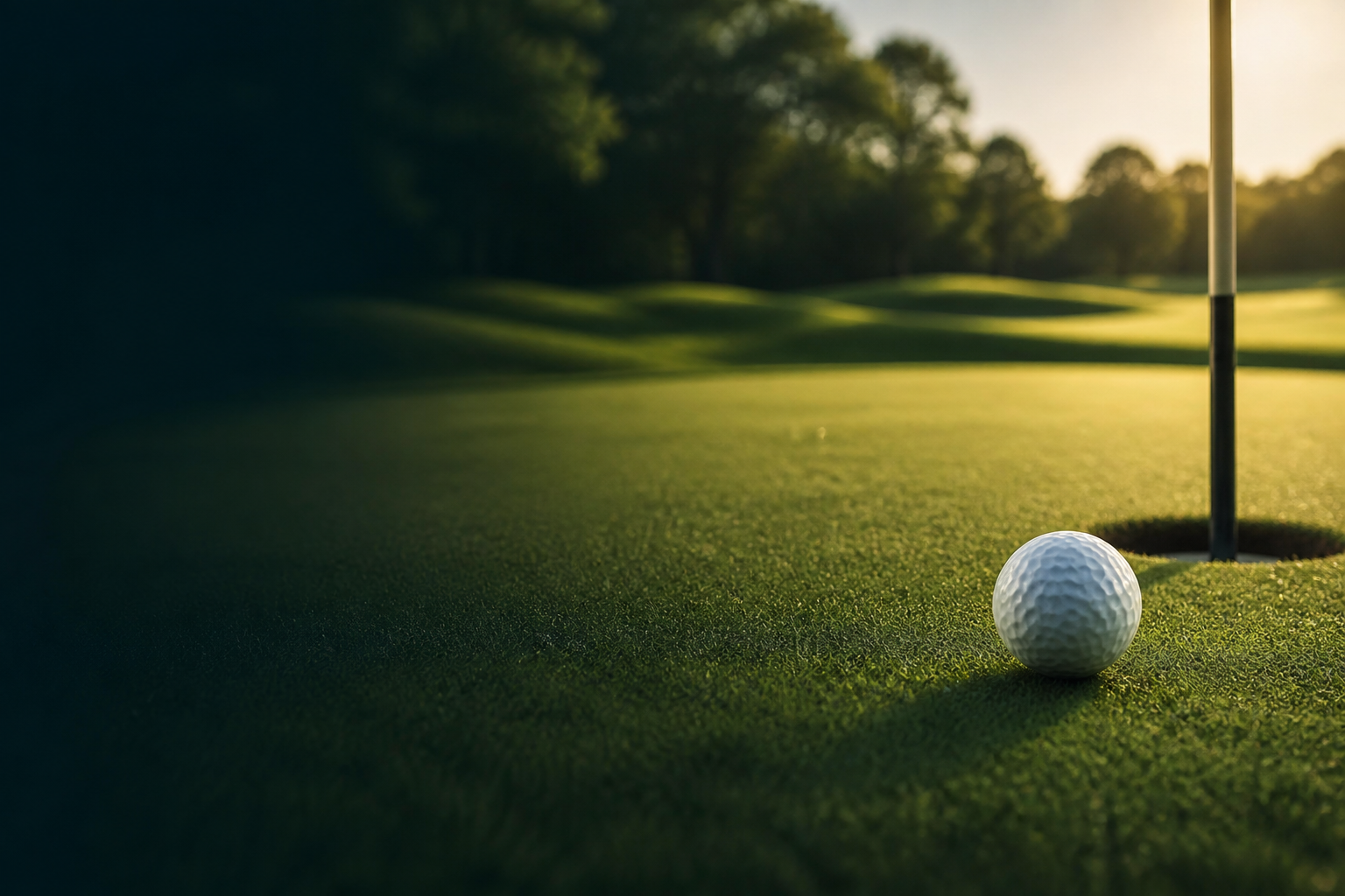 Pelota de golf junto al hoyo sobre un green al amanecer